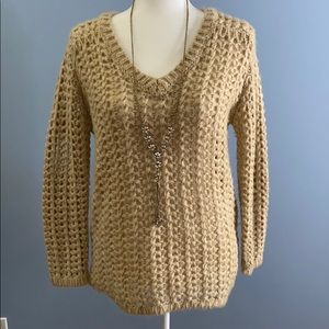Chelsea & Theodore Tan Long Sleeve V-Neck Sweater